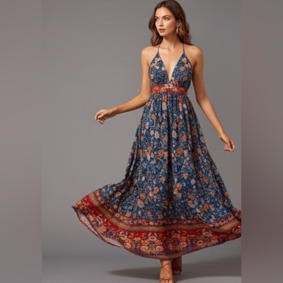 Boho Floral Print Backless Deep V Neck Maxi Dress - Picture 3 of 12